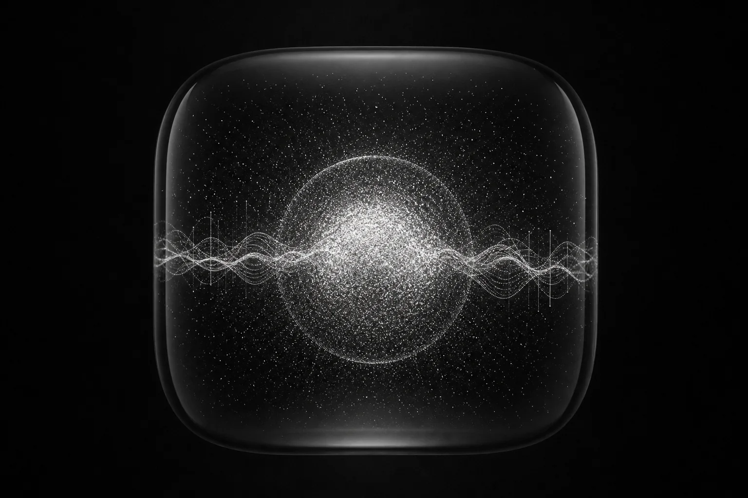 A luminous voice particle field contained inside dark glass