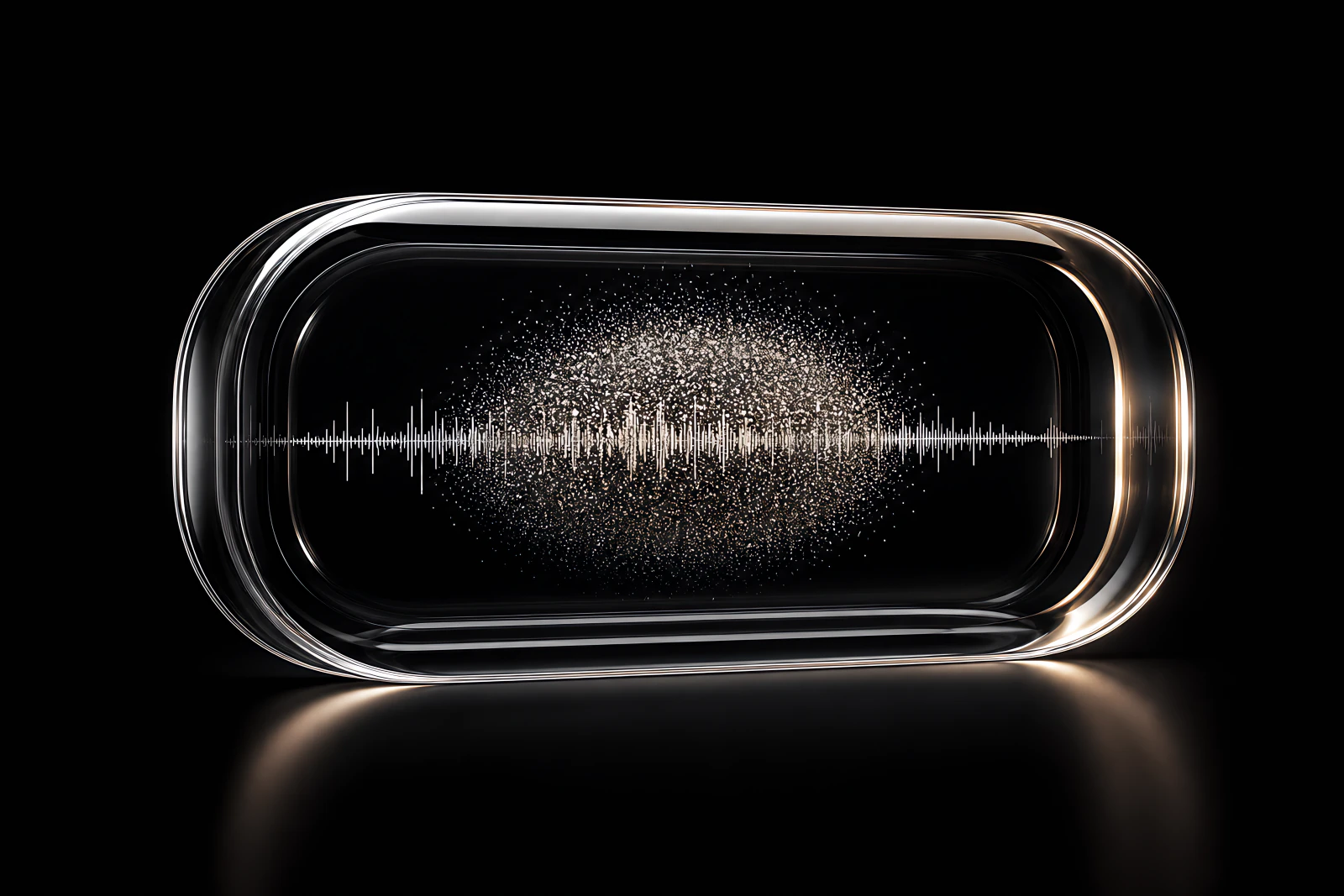 A luminous voice particle field contained inside dark glass