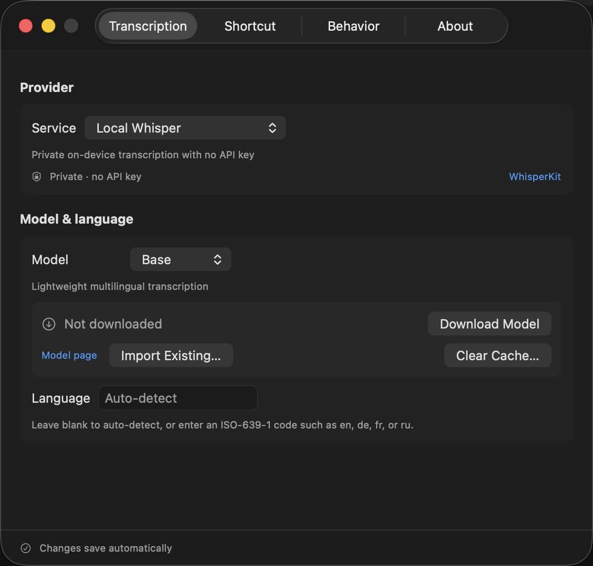 Vorb Local Whisper model settings