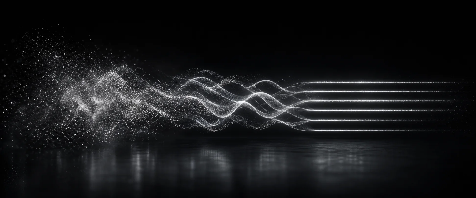 Particles transforming from speech into a waveform and then clean lines